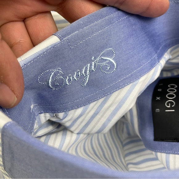 COOGIE LUXE Dress Shirt Mens M 15.5/16 White Blue Striped L/S Flip Cuff Logo - Picture 11 of 14